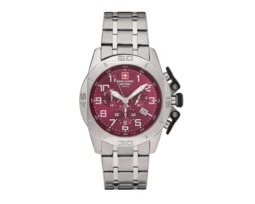 Swiss Alpine Military Herren Uhr Chrono 7063.9136SAM - Armbanduhren für Herren, sportliche Chrono-Funktion mit rotem Zifferblatt und robustem Edelstahlarmband für einen markanten Look.