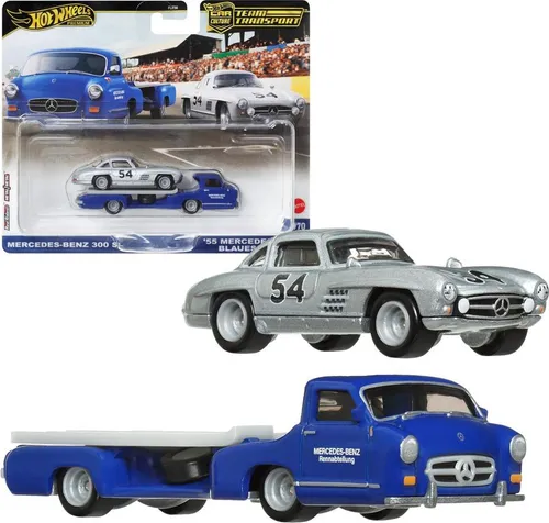 Mattel® Spielzeug-Transporter Hot Wheels - Mercedes Benz 300SL + 55er Blaues Wunder - Spielzeug-Transporter für Kinder ab 3 Jahren, fördert kreatives Spielen und Fahrzeugliebhaber mit detailgetreuen Modellen.