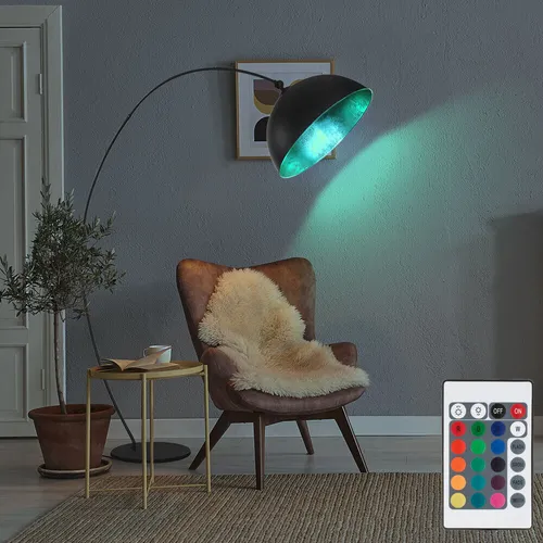 Steh Leuchte Ess Zimmer Bogen Stand Lampe Blatt Gold DIMMBAR - Stehleuchte mit edlem Blattgold-Innenleben und dimmbarem RGB LED Leuchtmittel für stimmungsvolle Beleuchtung. Ideal für Esszimmer, energiesparend und umweltfreundlich.