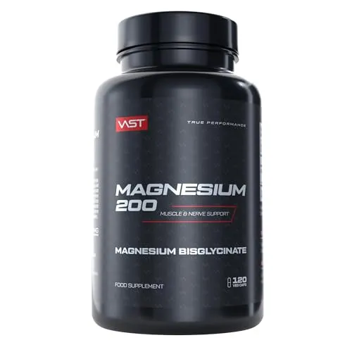 VAST Magnesium 200 – 120 vegane Kapseln – mit hochwertigen Magnesiumbisglycinat – 200mg elementares Magnesium pro Portion – Hochdosiert für Sportler