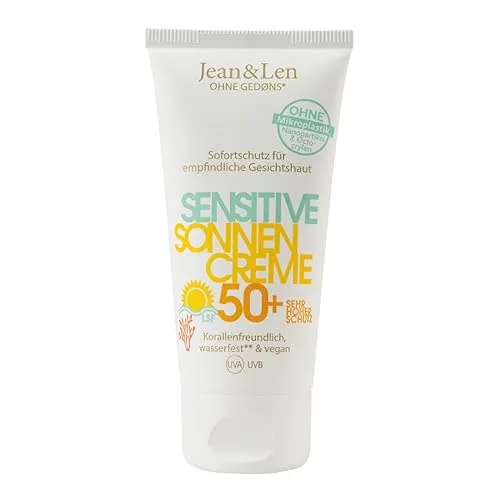 Jean & Len Sensitiv Sonnencreme 50+ LSF - Sonnenschutzmittel für empfindliche Gesichtshaut, sofortiger Schutz, wasserfest und vegan – ideal für nachhaltige Pflege ohne schädliche Inhaltsstoffe.