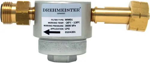 DREHMEISTER Smart Gasflaschenfilter W21,8 x 1/14 LH - Lange Version des DREHMEISTER Flaschenfilters, ideal für die direkte Montage auf Gasflaschenventilen. Hochwertiger, wechselbarer Filtereinsatz aus Glasfaser für effiziente Nutzung.