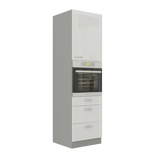 Küchen Hochschrank 60 Bianca Weiß Hochglanz + Grau - Einbauküchen-Komponenten mit 3 Schubkästen und einem offenen Fach, ideal für stilvolle und funktionale Küchenlösungen.