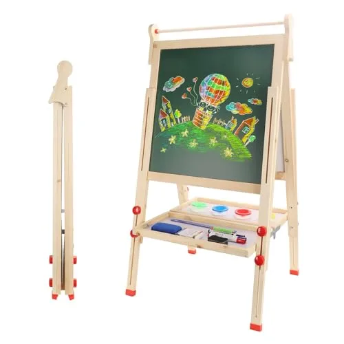 Dripex Kinder Tafel Faltbare Holz Kindertafel Malerei Holztafel Doppelseitige Kreidetafel und Whiteboard Höhenverstellbar Standtafel mit 26Stk Malzubehör (ab 3 Jahre)
