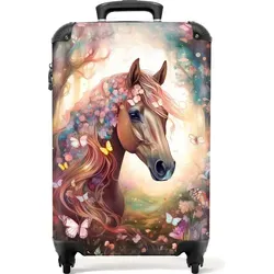 NoBoringSuitcases.com© Kinderkoffer Pferd - Blumen - Handgepäck-Koffer für Mädchen mit 4 wendigen 360°-Rollen, wasserabweisend und ideal für kleine Abenteuer. Größe: 55x35x20cm, perfekt für Reisen mit Stil.