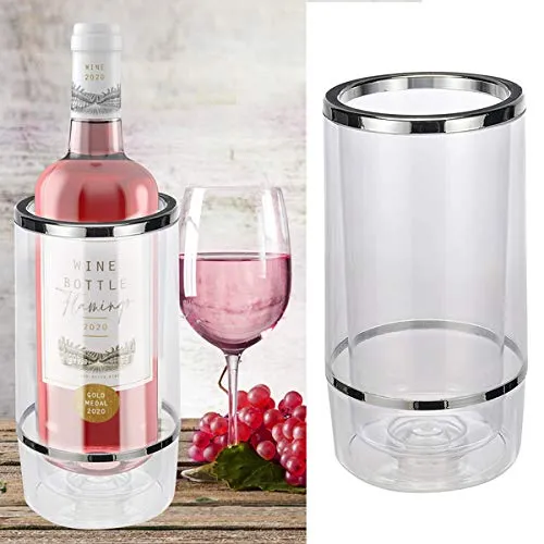 Oramics Flaschenkühler Weinkühler aus Kunststoff mit Edelstahl Deko 12x12x23cm - Getränkekühler kippsicher bruchfest - Doppelwandige Vakuumisolierung für bessere Kühlung (Transparent, 1 Stück)