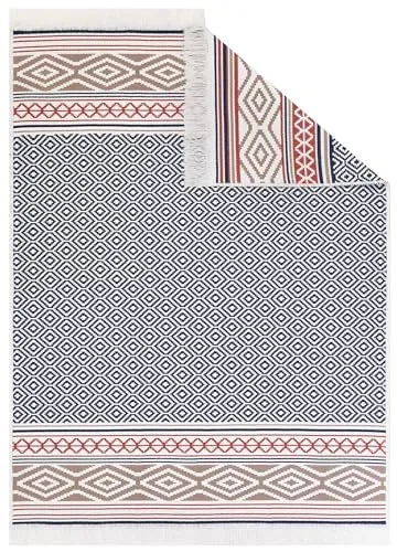 TAPISO Azteca Teppich Kurzflor mit Fransen Baumwolle Creme Schwarz Mehrfarbig Vintage Design Waschbar Beidseitig Anwendbar Wohnzimmer Schlafzimmer ÖKOTEX 80 x 150 cm