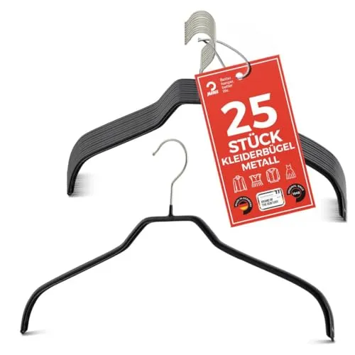 MAWA Kleiderbügel, Set mit 25 platzsparenden und rutschfesten Bügeln, ideal für Hemden und Blusen, mit 360°drehbarem Haken, Antirutschbeschichtung, 41 cm, Schwarz