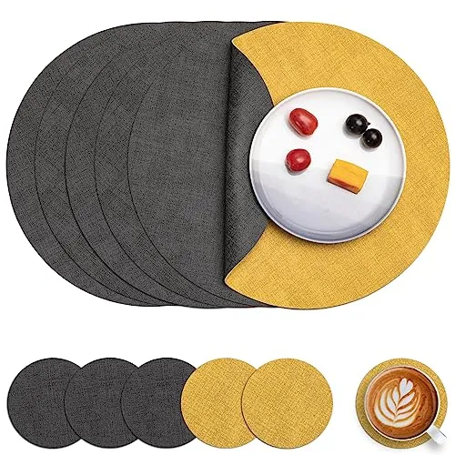Myir JUN Tischsets Abwaschbar Leder und Untersetzer, Doppelseitigen Platzset Rund Ø 36cm 6er Set rutschfest Glasuntersetzer Platzdeckchen Leder Kunstleder Tischset (Grau Gelb, 6er Set)