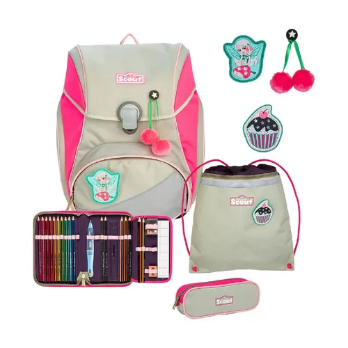 Scout Alpha Schulranzen-Set 4-tlg. Pink Cherry - Schulranzen für Mädchen im ansprechenden Pink Cherry Design, inklusive 4 Teilen und ergonomischem Tragesystem für optimalen Komfort.
