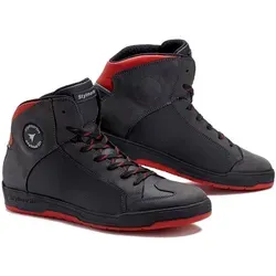 Stylmartin Double WP Unisex Motorradschuhe - Wasserdicht Schwarz/Rot - 36 EU - Motorradstiefel aus wasserabweisendem Vollnarbenleder mit atmungsaktivem Futter und austauschbaren Schnürsenkeln in Schwarz/Rot – perfekt für stilbewusste Fahrer.