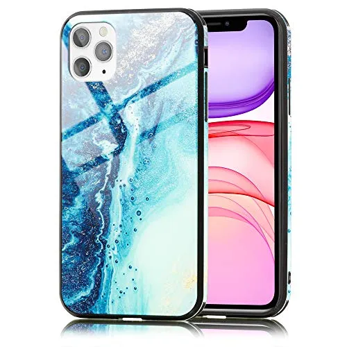 NALIA Marmor Glas Case für iPhone 11 Pro Max - Kratzfestes 9H Echtglas - Marbelle (Silikon Bumper & Grip) - Marke aus Berlin, Farbe:Blau Türkis