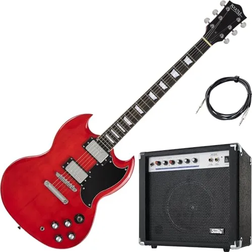 Rocktile Pro S-Red E-Gitarre Heritage Cherry AK20G Set – E-Gitarre mit Verstärker und Kabel – Humbucker Pickups - Korpus Linde, Hals Ahorn, Griffbrett Palisander - Finish Gloss - Anfänger Komplettset