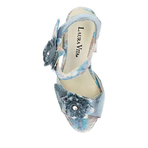 Laura Vita Damen Sandalette Blüte High Heel mit Klettverschluss und Strass, Größe 39 EU, Blau - Glamouröse Sandalette von Laura Vita aus hochwertigem Leder mit rutschfester Gummisohle. Der 9 cm Blockabsatz und die Strasssteine sorgen für einen eleganten Look. Ideal für besondere Anlässe und einen komfortablen Sitz.