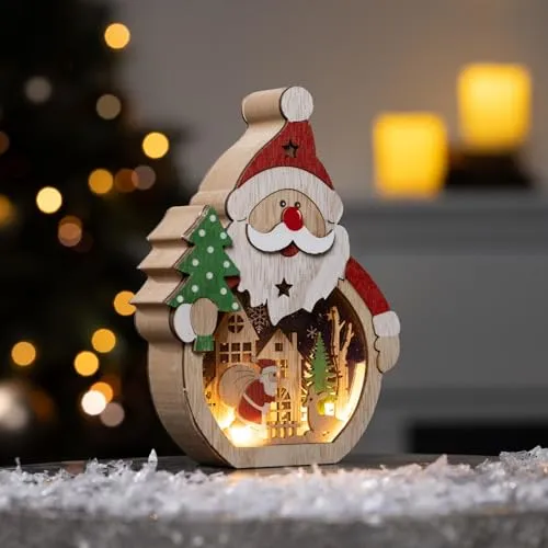 Bambelaa! LED Weihnachts Holzdekoration Weihnachtsmann ca. 11 x 3 x 15,8 cm mit 5 warmweißen LEDs Weihnachtsdeko aus Holz für Innen