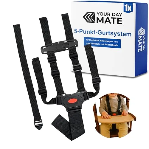 5-Punkt-Gurtsystem mit Abschnallschutz für Hochstuhl und Kinderwagen - Schutzgurt für Kinderwagen, Hochstuhl und Buggy mit Abschnallschutz-Clip für zusätzliche Sicherheit. Ideal für Kinder von 8 bis 36 Monaten, individuell einstellbare Länge für optimalen Sitz.