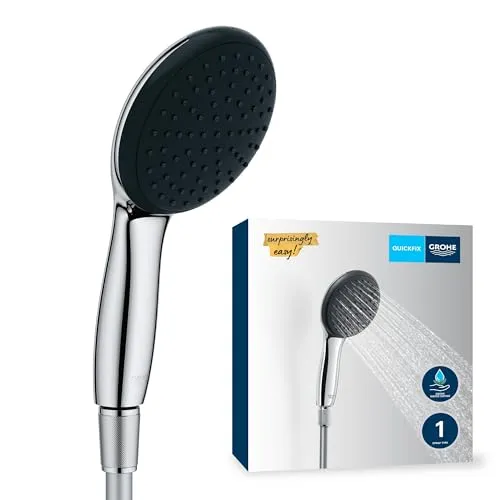 GROHE Vitalio 110, Duschkopf mit Schlauch, wassersparend, 8l pro Min (Handbrause 1 Strahlart, Universalanschluss, Silikonring schützt bei Stürzen, Duschbrause mit Duschschlauch 1,5m), chrom, 26720001