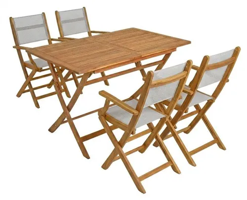 Gartenmöbel Sitzgruppe aus Akazienholz mit 4 klappbaren Stühlen - Genießen Sie entspannte Stunden im Freien mit unserer eleganten Sitzgruppe aus hochwertigem Akazienholz. Die klappbaren Stühle und der eckige Tisch bieten Flexibilität und sind ideal für jeden Garten oder Terrasse.