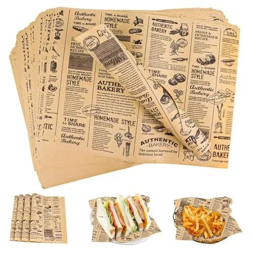 Blätter Backpapier Zeitungsoptik - 25x25 cm Backpapier Wiederverwendbar Zuschnitte Burger Papier Ölbeständiges Käsepapier Butterbrotpapier Sicheres Deli Wrap Papier für Sandwiches, Pommes, Brot 100