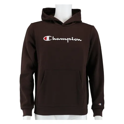 Champion Kapuzenpullover Big Logo Print dunkelbraun für Jungen - Bequemer Fleece-Hoodie mit großem gesticktem Logo, ideal für Abenteuer und Freizeit. Hergestellt aus 52% Baumwolle und 48% Polyester, erhältlich in den Größen 152-176.