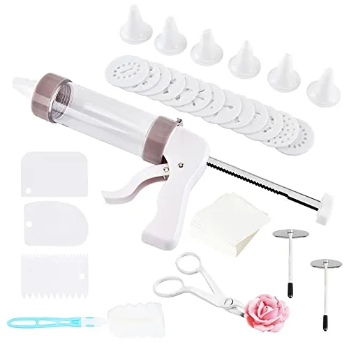 Woohome Gebäckpresse Spritzpistole für Cupcakes Set, 1 Pack Plätzchenpresse mit Spritztüllen, Icing Blumennägel, Tortenschaber, Blumenheber für Kuchen Torten Keksen Cupcake Plätzchen Dekoration