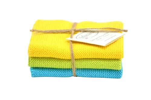 Solwang '3 Stück gestrickte Wischtücher' Gelb/Lime/Türkis Kombi BIO, 25x25cm