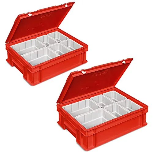 Euro-Deckelbehälter mit 6 Einsatzkästen, rot - Lagersystem für Werkzeuge und Kleinteile, kälte- und hitzebeständig, robustes Polypropylen, ideal für Transport und Versand.