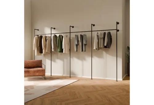 pamo. design Kleiderständer KIM Kleiderstange Wandmontage, offener Kleiderschrank, Kleiderständer, (Set, 1), Schwarzer Garderobenständer im Industrial Design für Kleidung