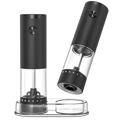 CIRCLE JOY Elektrisches Salz und Pfeffermühlen Set Akkubetriebenes Gewürzmühlen mit Sockel, Waschbarem 95ml Transparenter Behälter, Weißem LED-Licht und Einstellbarer Grobheit, Schwarz