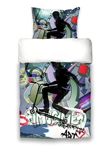 beties Jugendbettwäsche Graffiti, 100% Baumwolle, 2-teilig - Bettwäsche-Set ca. 155x220 cm + 80x80 cm, cooles Graffiti-Design mit Wendefunktion, perfekt für trendbewusste Jugendliche.