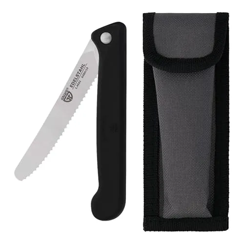 GRÄWE Klappmesser mit Wellenschliff, Frühstücksmesser, Brötchenmesser, Tomatenmesse, klein, klappbar (mit Liner Lock - Mechanik), scharf, Brotzeitmesser aus Spezialstahl mit Etui, schwarz