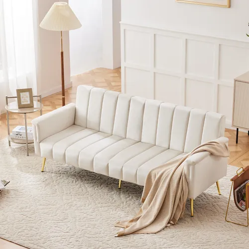 MODFU Sitzgruppe Relaxsofa mit Schlaffunktion aus Samtstoff,klappbares Loungesofa,Modernes Zweisitzer mit Hilfsfüßen,Beige