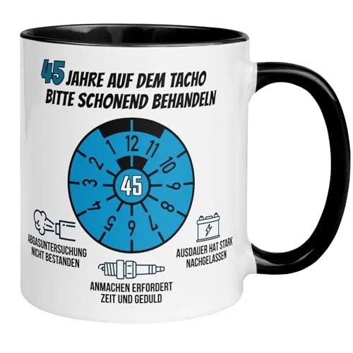 Geburtstag Männer Geschenk Tasse | 45 Jahre auf dem Tacho – Bitte schonend behandeln | Lustige Geschenk Geburtstagstasse mit Spruch 45. Geburtstag | 45ter Geburtstag - Geburtstagsgeschenk Mann 45