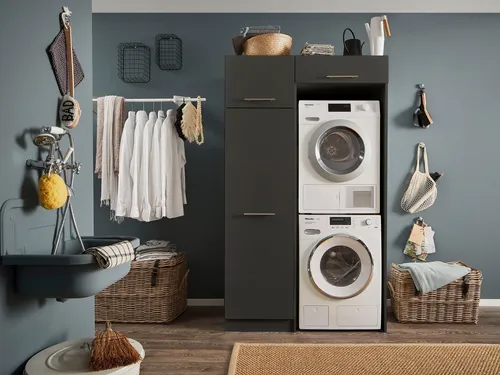LAUNDREEZY Waschmaschinenschrank für Trockner und Waschmaschine - Bad-Hochschrank, platzsparend und ideal für effiziente Raumnutzung in Ihrer Waschküche oder Badezimmer, in stilvollem Anthrazit.