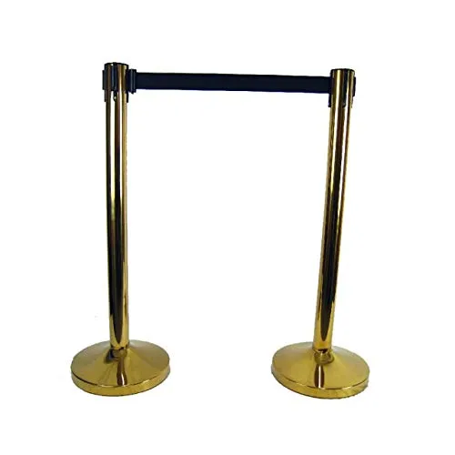 Eleganter Absperrpfosten Personenleitsystem Gold mit Gurt-Band 2x - 2x Absperrständer aus Metall mit 3 Meter Gurt für elegante Absperrungen in Ausstellungen und Events. Wetterfest und kombinierbar für endlose Leitsysteme, ideal für große Menschenmengen.