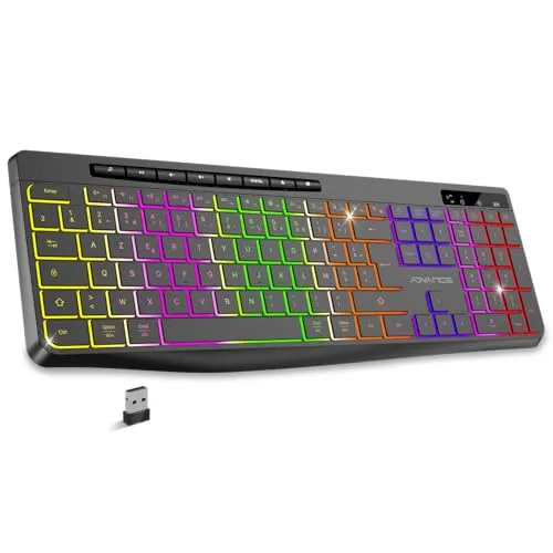 AD Advance R-Typ, kabellose Tastatur, leise, wiederaufladbar, ergonomische Tasten mit Hintergrundbeleuchtung, französisches Layout, lange Akkulaufzeit, Verbindung 2,4 GHz, kompatibel mit Windows, Mac,