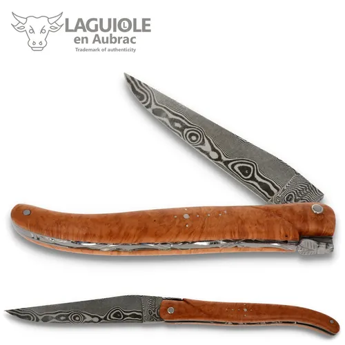 Laguiole en Aubrac Taschenmesser L0512BRH-FDBB1 - Hochwertiges Taschenmesser mit 10 cm Damastklinge und Griff aus Bruyère Holz (12 cm). Handgefertigt in Frankreich, ideal für Sammler und Liebhaber von Tradition und Qualität.
