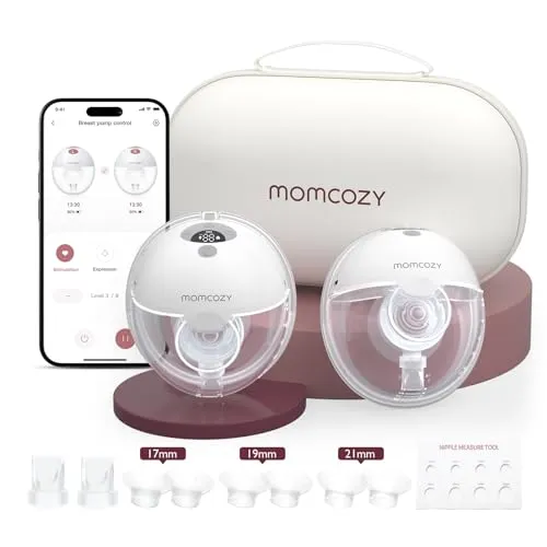 Momcozy M5 Smart Milchpumpe Elektrische, App-Steuerung Milchpumpen handsfree, tragbare Doppel Brustpumpen mit Babymund Doppelgedichtete Brusthaube mit 3 Modi und 9 Stufen - 2 Pack, Grau