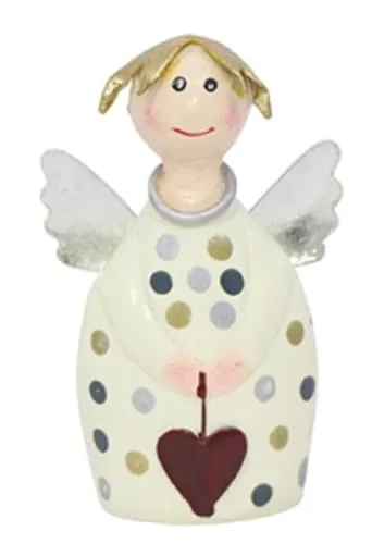 putziger Kleiner Engel Lotta zu Stellen mit weinrotem Herzchen und silbernen Flügelchen Metall handbemalt Creme mit Punkten
