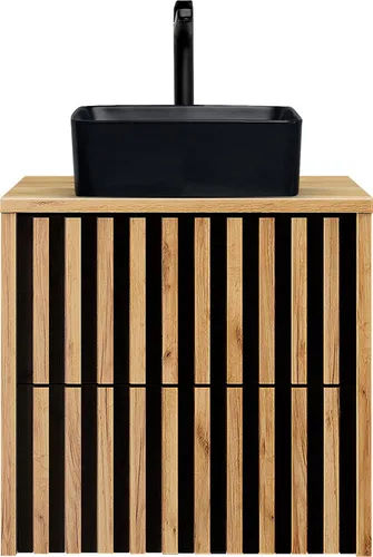 Waschtisch LUCCA-107 60 cm mit Aufsatzwaschbecken in Eiche Nb. und Lamellenfront