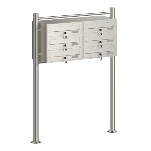 Wiltec 6er Briefkastenanlage Edelstahl 945 x 270 x 1200 mm, Standbriefkasten mit 2x3 Fächern, Schlüssel und Namensschild, Briefkasten Postkasten mit Ständer