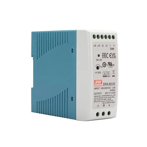 MW DRA-60-24 - 60 W Schaltnetzteil für Hutschiene - Schaltnetzteil für Hut-Schiene mit 60 W, 24 V und 2,5 A. Ideal für Anwendungen mit Überlastschutz und niedriger Leerlaufleistung. Robuste Bauform mit LED-Anzeige für zuverlässigen Betrieb.