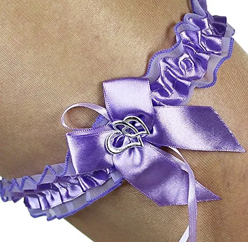 Markenlos Satin Strumpfband LILA/Flieder + 2 Herzen Satin Schleife Braut Handarbeit EU