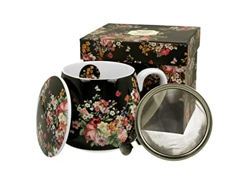 DUO FLORAL Fassbecher 430 ml VINTAGE FLOWERS BLACK mit Teesieb, New Bone China Porzellan
