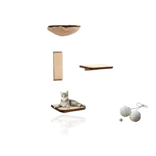 Katzen-Kletterwand Vierteilige Wandelemente - Kratzbäume, bietet eine kreative Wandmontage für Katzen mit 3 Ebenen und 1 Liegemulde, ideal für aktives Spielen und Entspannen.