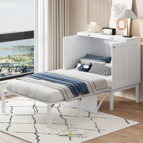 Schrankbett 90x200 cm Weiß, vertikales Wandbett mit Lattenrost, platzsparendes Klappbett aus Holz, Metall, MDF für Schlafzimmer