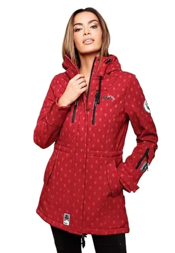 MARIKOO Damen Softshelljacke (XS-3XL) mit Kapuze - Wasserabweisend, Fleece innen, Tasche am Arm, Mantel, Warme Jacke Frauen B614 (XS, Rot-Muster)