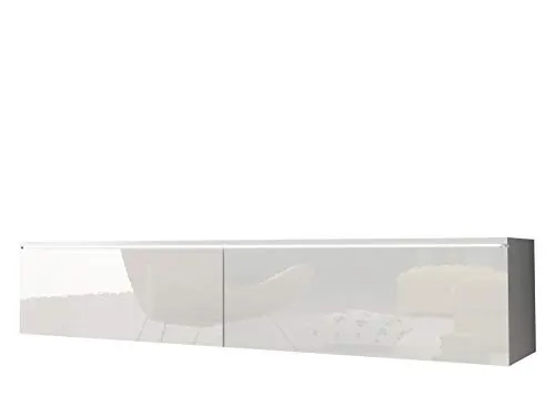 MIRJAN24 TV-Lowboard Detroit D140 - Stylisches TV-Lowboard in Weiß Hochglanz, ideal für moderne Wohnzimmer. Mit 2 Türen und flexibler Montage als Stand- oder Wandmöbel.