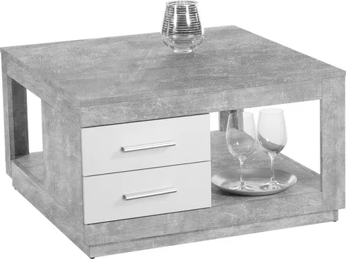 Stella Trading FESTIVAL Couchtisch mit zwei Schubladen - Beistelltisch fürs Wohnzimmer in Beton Optik mit geräumigen Schubladen und viel Stauraum für Bücher und Deko - ideal für minimalistisches Wohnen.