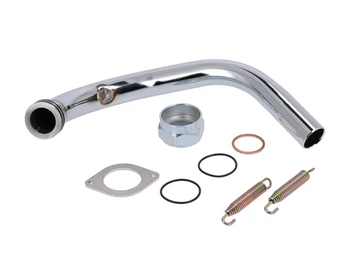 Set: Krümmer mit Kalotte für Simson S50, S51, S70 - Abgaskrümmer-Set, verchromt und aus robustem Metall, ideal für die Auspuffanlage von Simson Mopeds. Perfekte Passform für S50, S51 und S70.